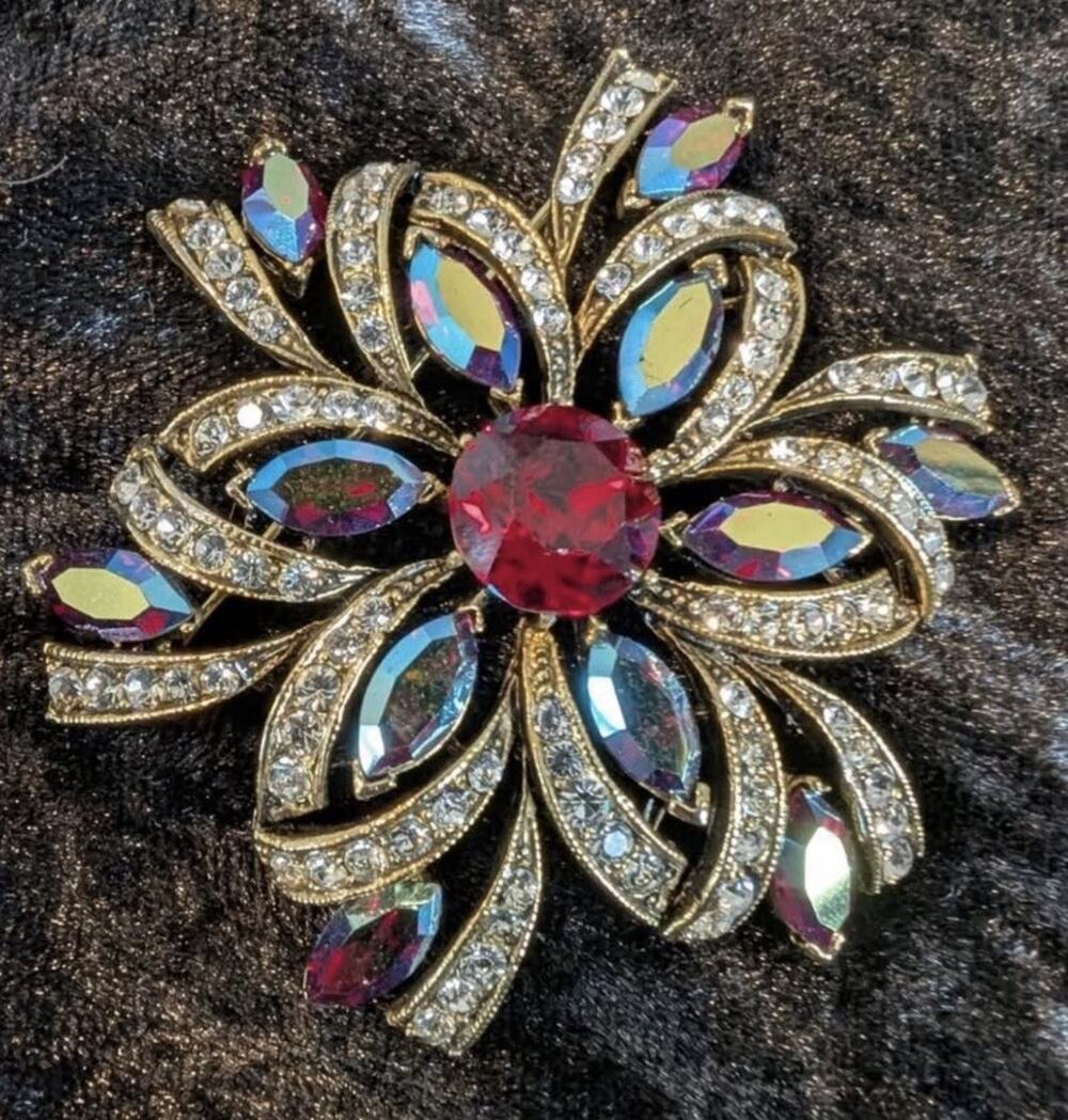 Vintage Signed WEISS Brooch Aurora Borealis Rhinestones Ruby Red Statement 2.3”
